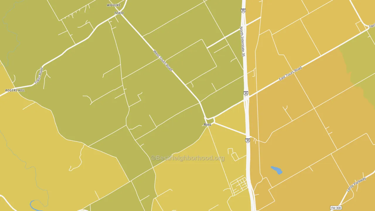 Map of the best neighborhoods in the Ross area, with better matches in green and worse matches in red