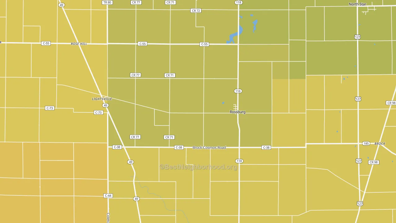 Map of the best neighborhoods in the Rossburg area, with better matches in green and worse matches in red