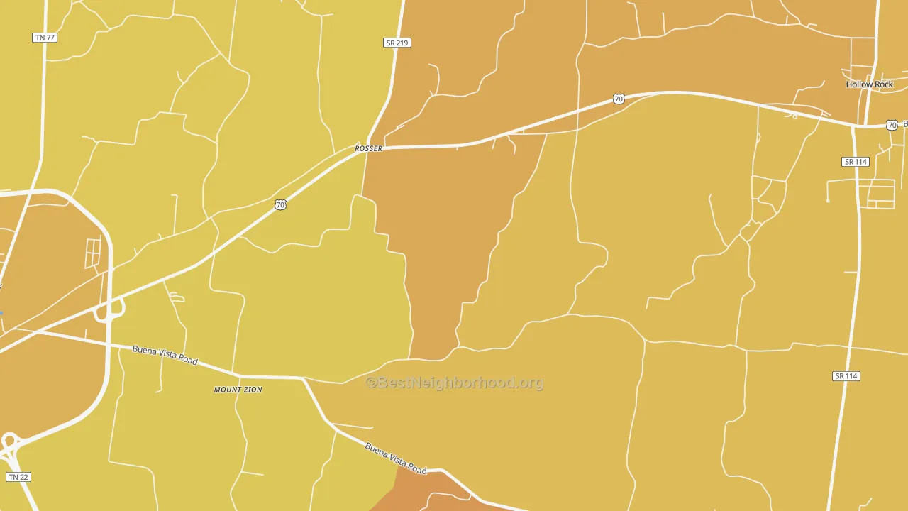 Map of the best neighborhoods in the Rosser area, with better matches in green and worse matches in red