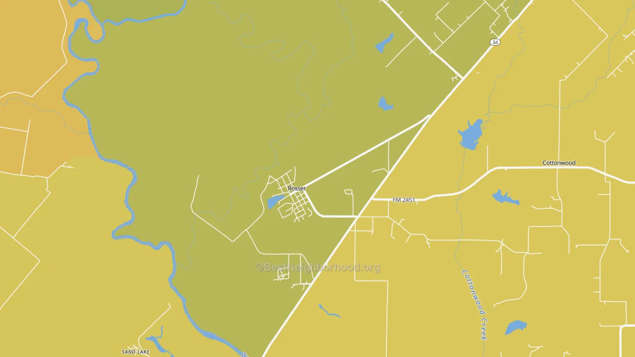 Map of the best neighborhoods in the Rosser area, with better matches in green and worse matches in red