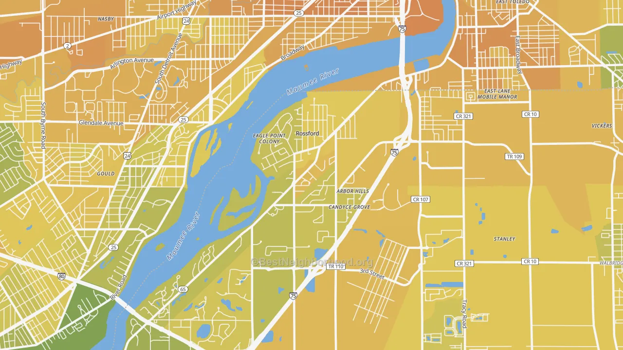 Map of the best neighborhoods in the Rossford area, with better matches in green and worse matches in red