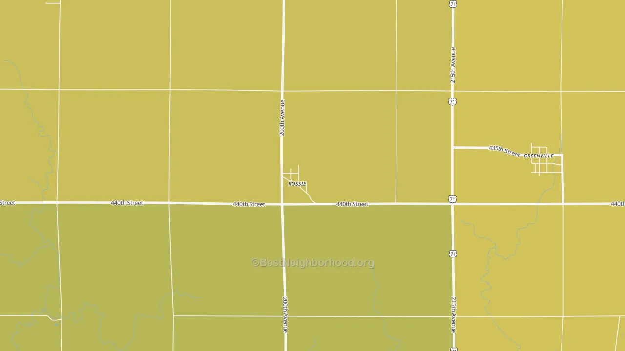 Map of the best neighborhoods in the Rossie area, with better matches in green and worse matches in red