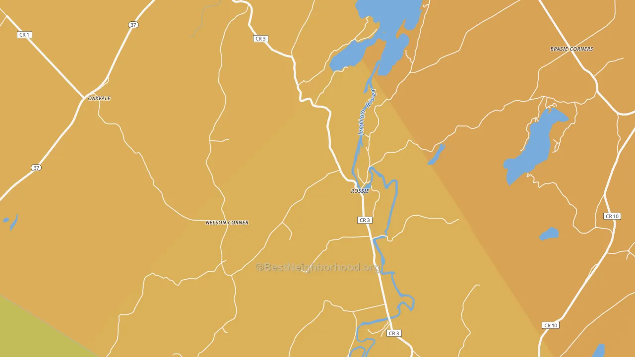 Map of the best neighborhoods in the Rossie area, with better matches in green and worse matches in red