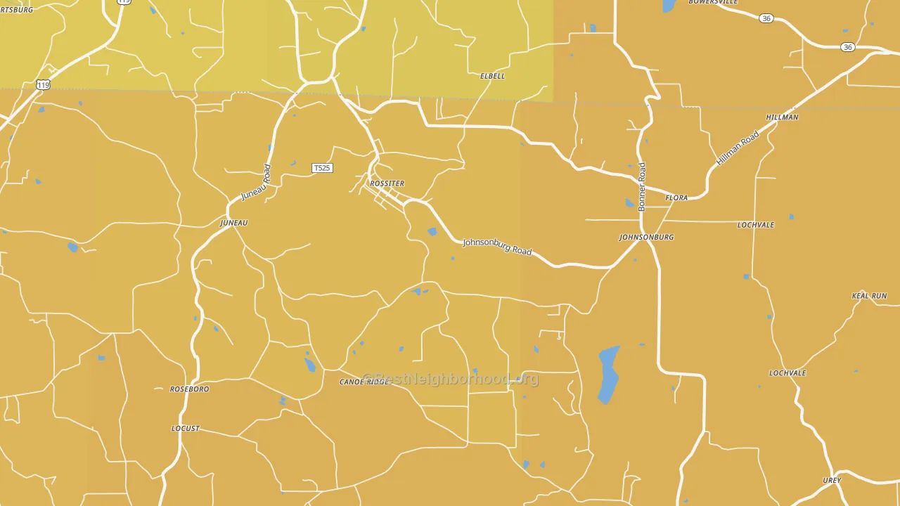 Map of the best neighborhoods in the Rossiter area, with better matches in green and worse matches in red