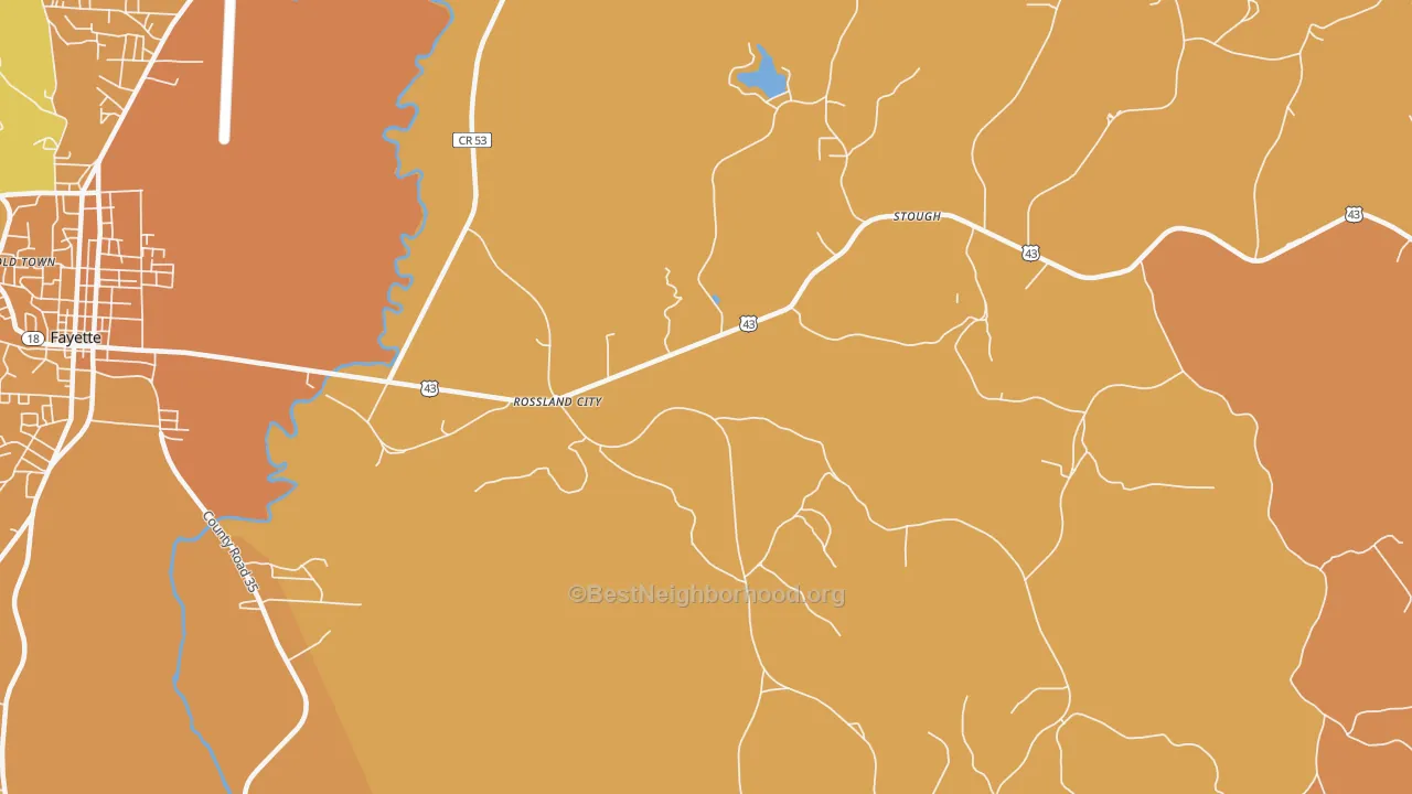 Map of the best neighborhoods in the Rossland City area, with better matches in green and worse matches in red