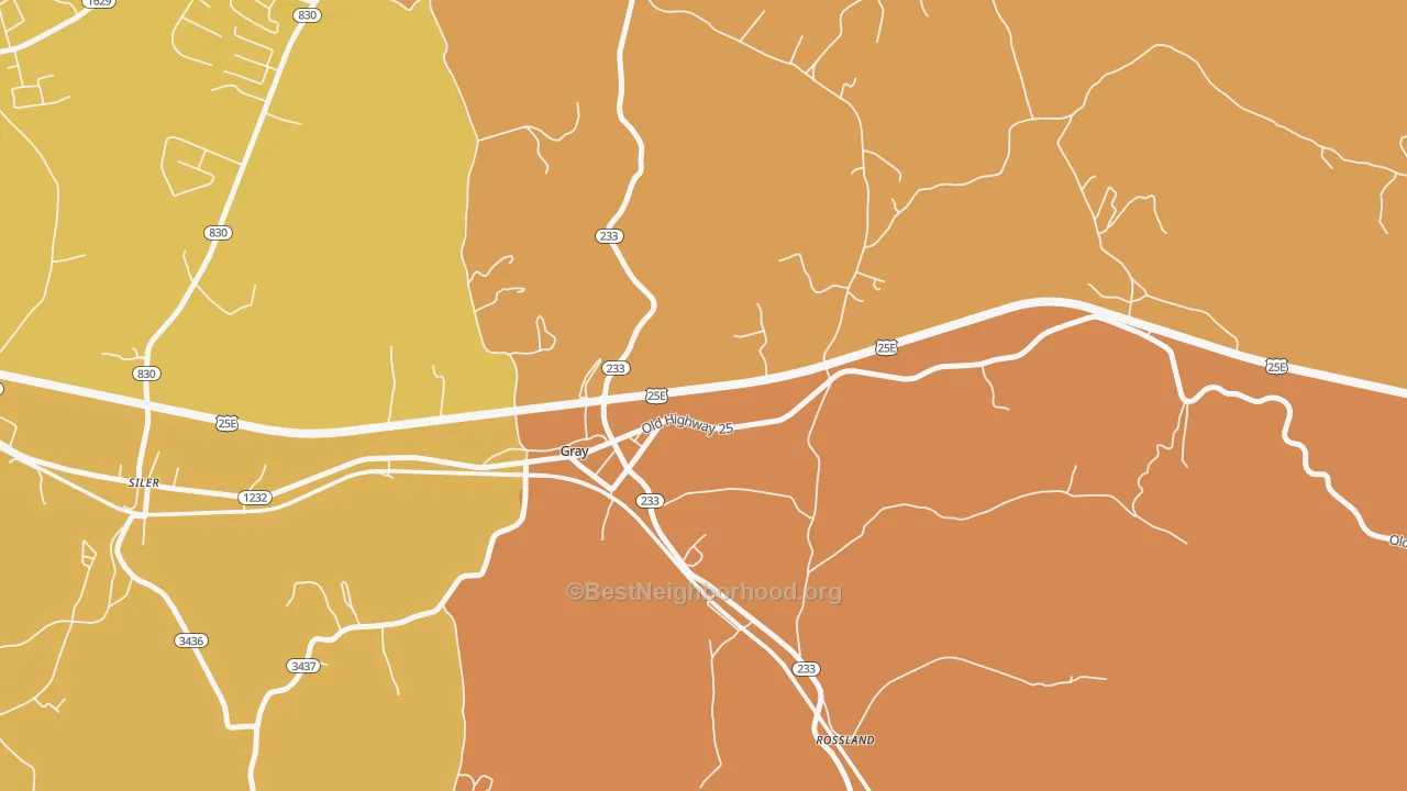 Map of the best neighborhoods in the Rossland area, with better matches in green and worse matches in red