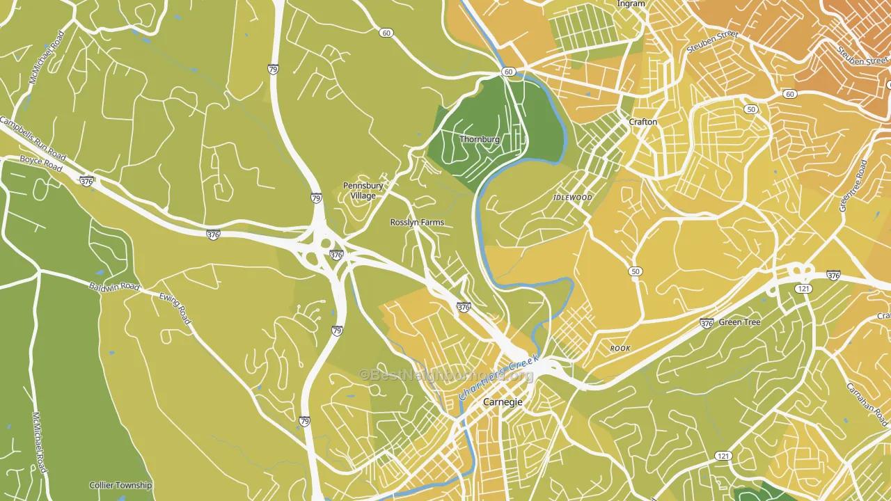 Map of the best neighborhoods in the Rosslyn Farms area, with better matches in green and worse matches in red