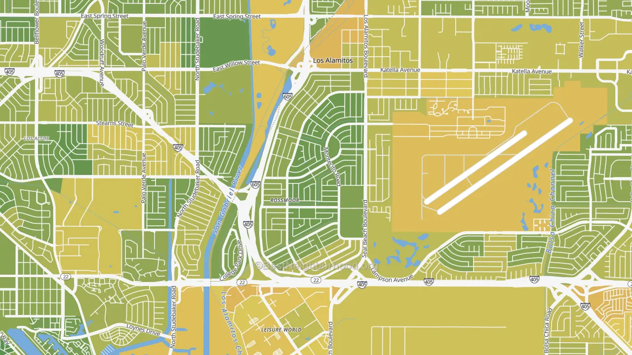 Map of the best neighborhoods in the Rossmoor area, with better matches in green and worse matches in red