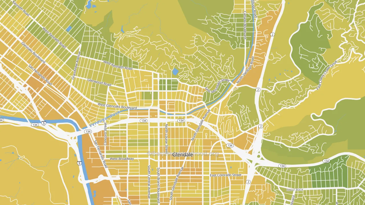 Map of the best neighborhoods in the Rossmoyne, Glendale area, with better matches in green and worse matches in red