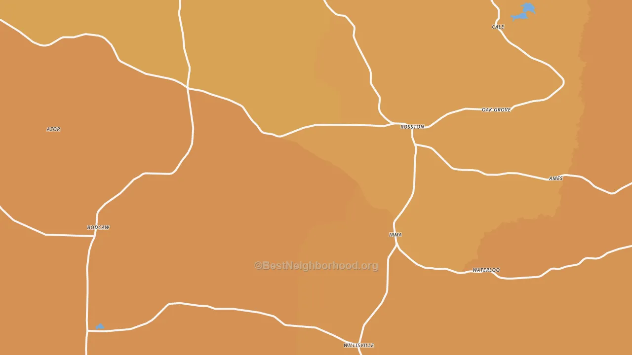 Map of the best neighborhoods in the Rosston area, with better matches in green and worse matches in red