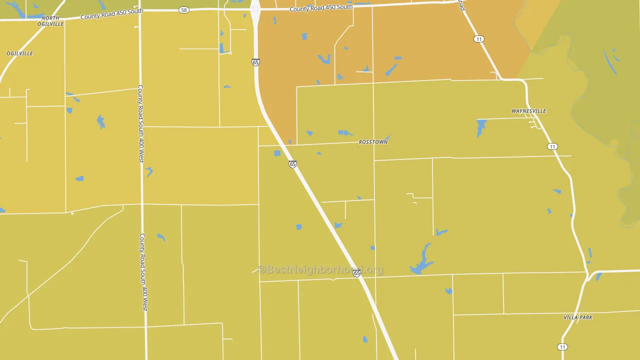 Map of the best neighborhoods in the Rosstown area, with better matches in green and worse matches in red