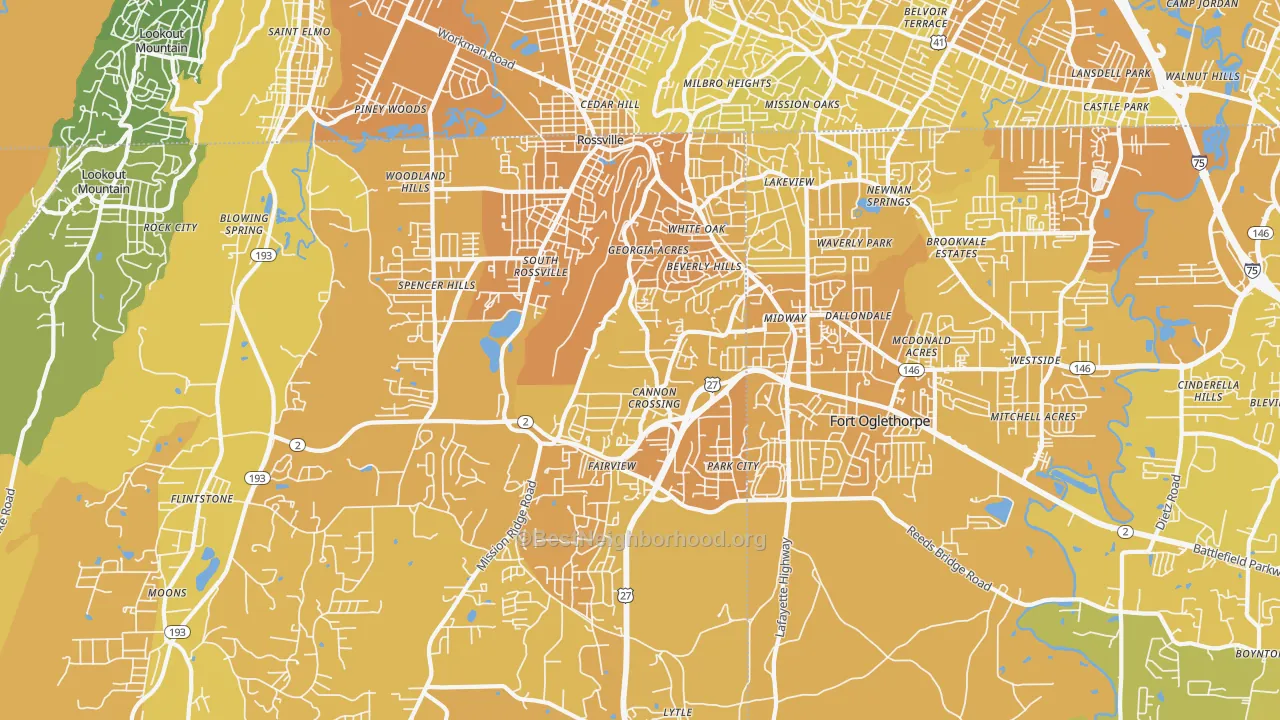Map of the best neighborhoods in the Rossville area, with better matches in green and worse matches in red