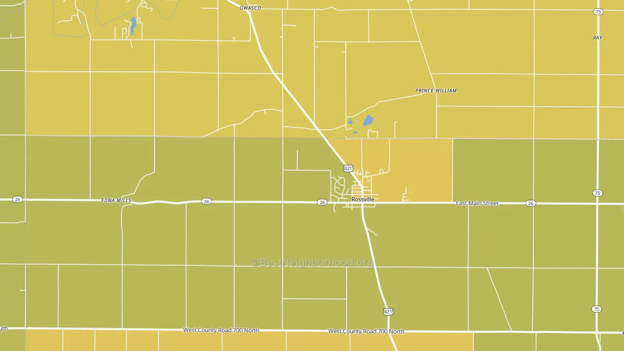 Map of the best neighborhoods in the Rossville area, with better matches in green and worse matches in red