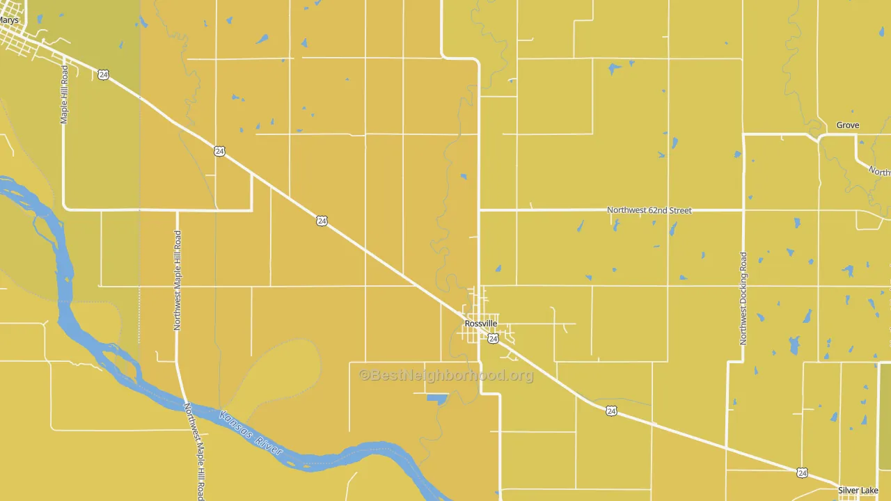 Map of the best neighborhoods in the Rossville area, with better matches in green and worse matches in red