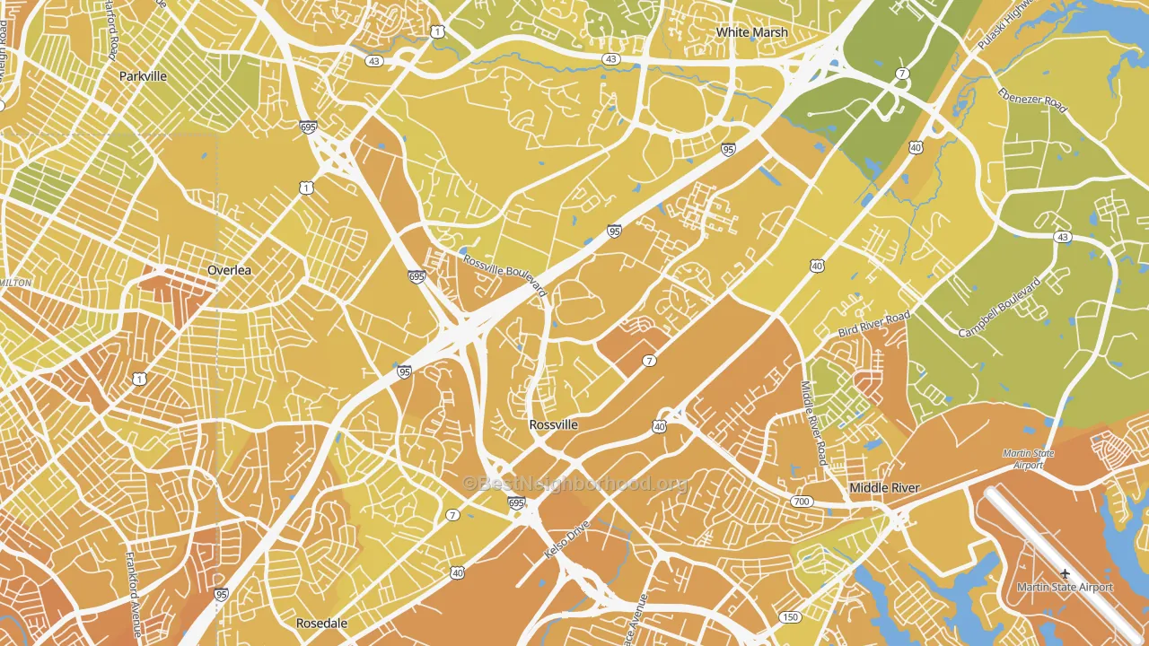 Map of the best neighborhoods in the Rossville area, with better matches in green and worse matches in red