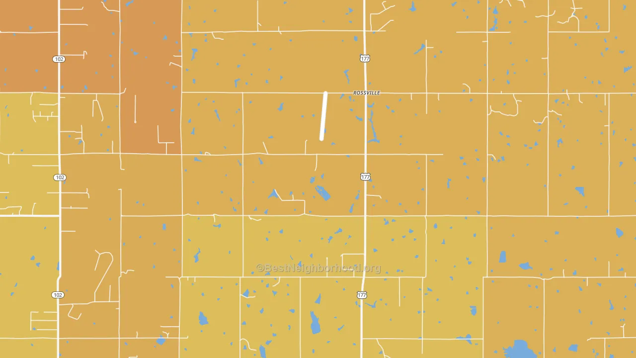 Map of the best neighborhoods in the Rossville area, with better matches in green and worse matches in red
