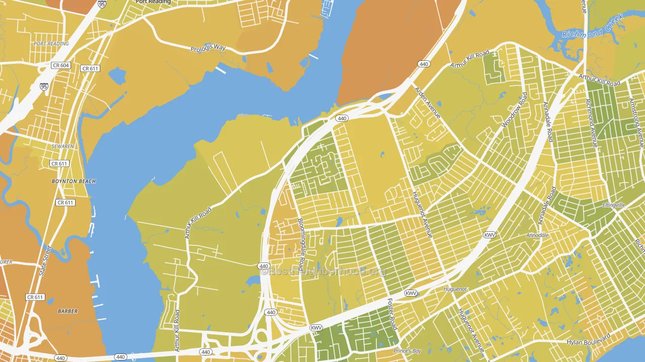 Map of the best neighborhoods in the Rossville, Staten Island area, with better matches in green and worse matches in red