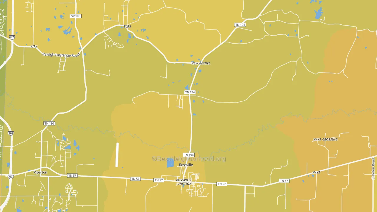 Map of the best neighborhoods in the Rossville area, with better matches in green and worse matches in red