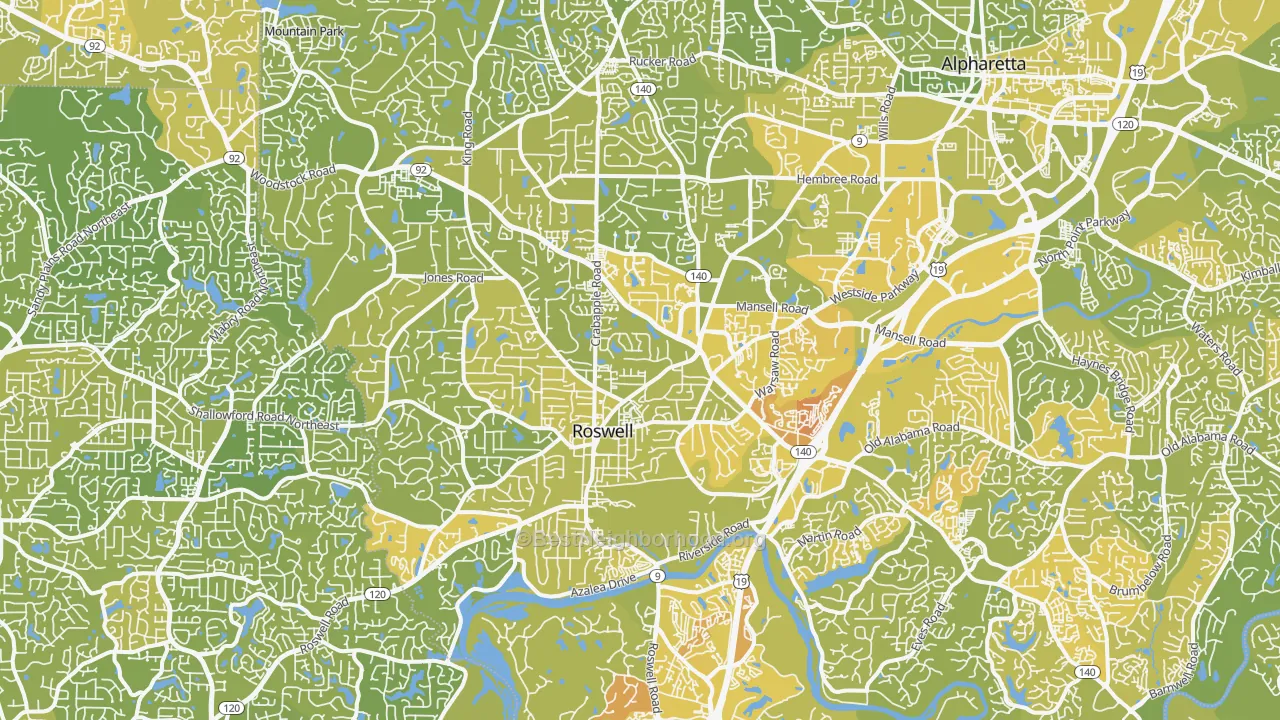 Map of the best neighborhoods in the Roswell area, with better matches in green and worse matches in red