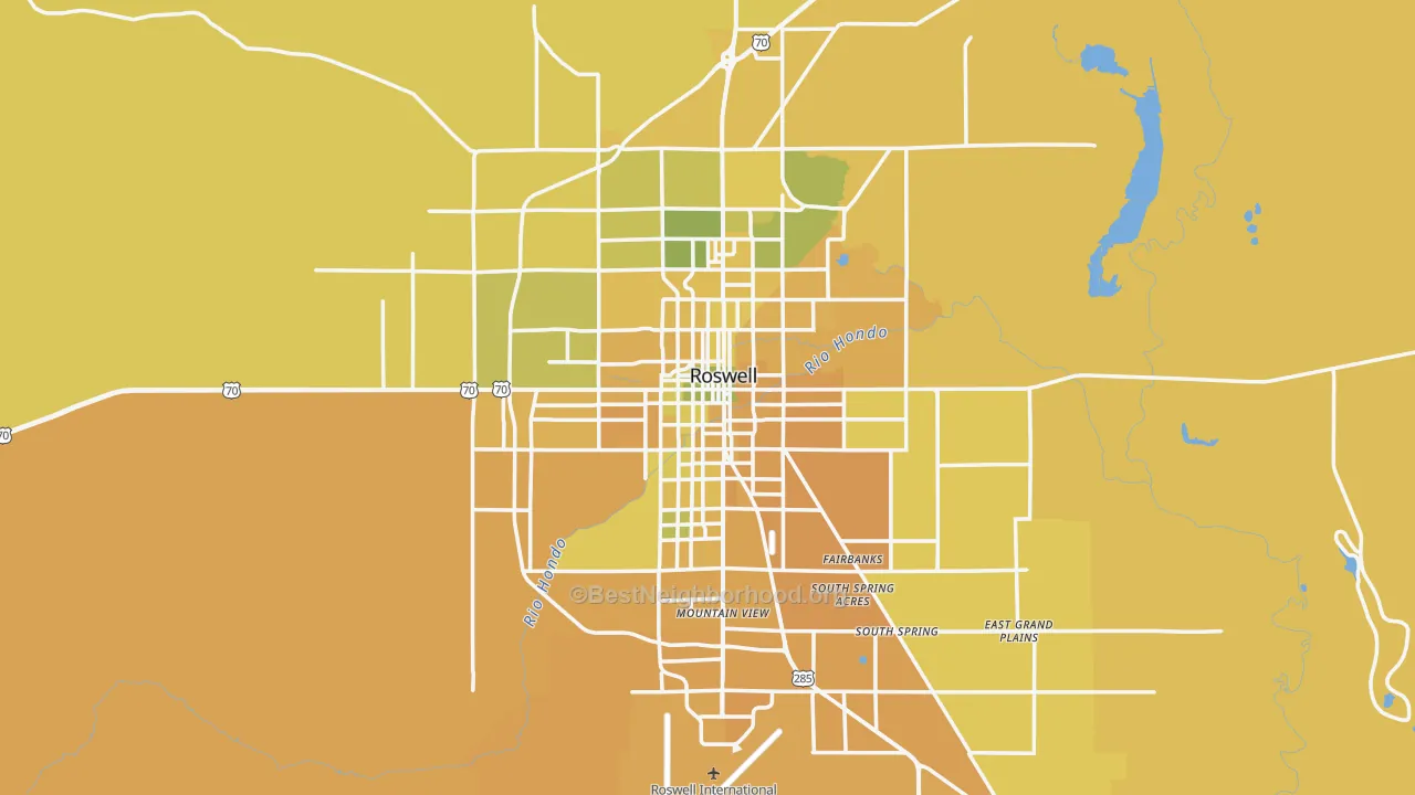 Map of the best neighborhoods in the Roswell area, with better matches in green and worse matches in red