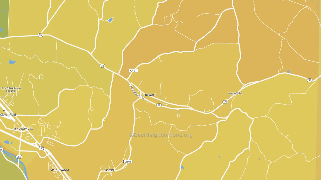 Map of the best neighborhoods in the Roswell area, with better matches in green and worse matches in red