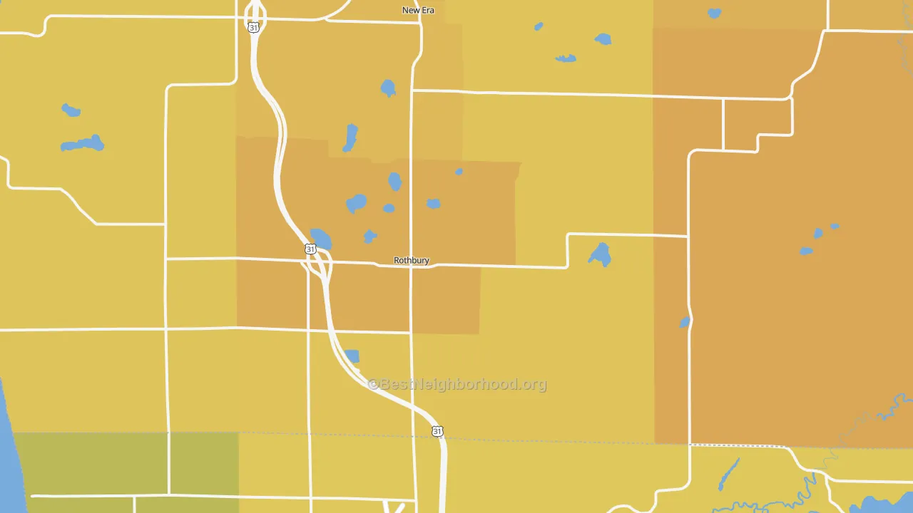 Map of the best neighborhoods in the Rothbury area, with better matches in green and worse matches in red