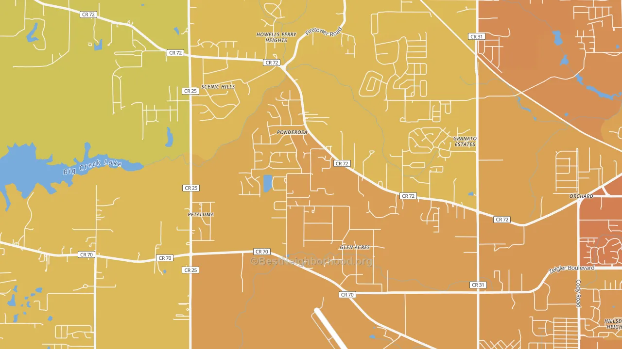 Map of the best neighborhoods in the Rothfield, Semmes area, with better matches in green and worse matches in red