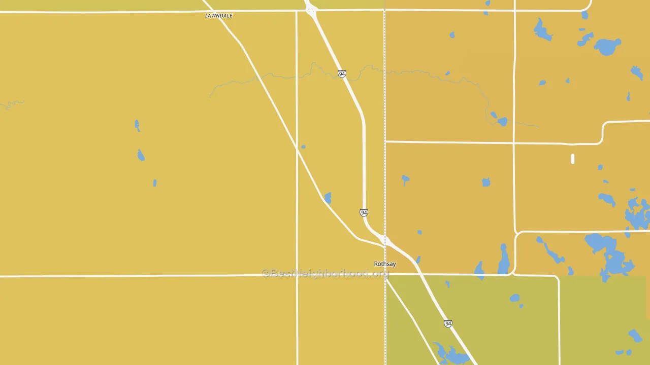 Map of the best neighborhoods in the Rothsay area, with better matches in green and worse matches in red