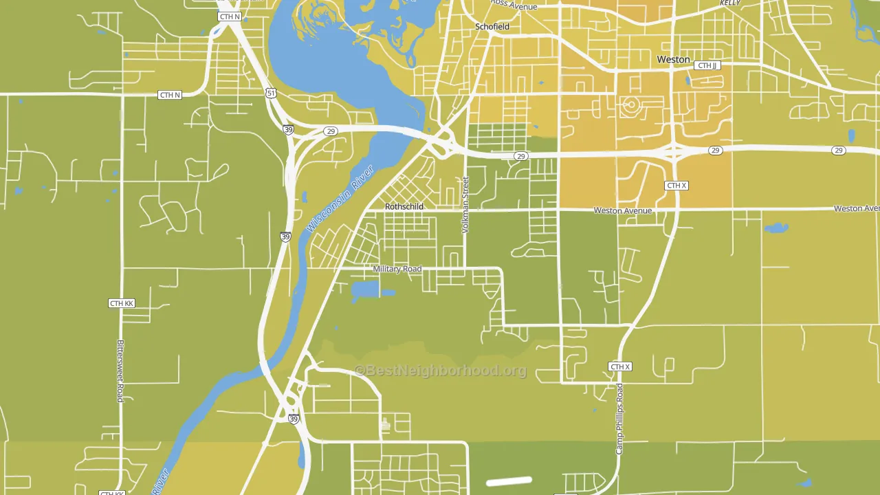 Map of the best neighborhoods in the Rothschild area, with better matches in green and worse matches in red