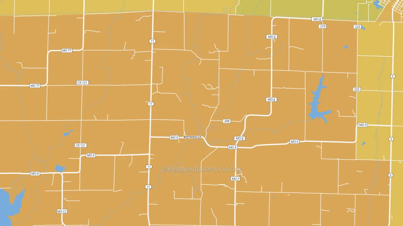 Map of the best neighborhoods in the Rothville area, with better matches in green and worse matches in red
