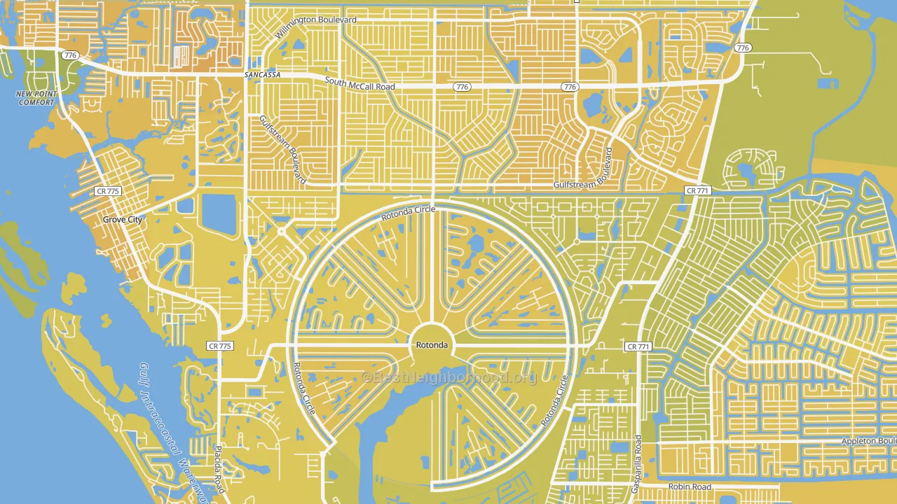 Map of the best neighborhoods in the Rotonda West area, with better matches in green and worse matches in red