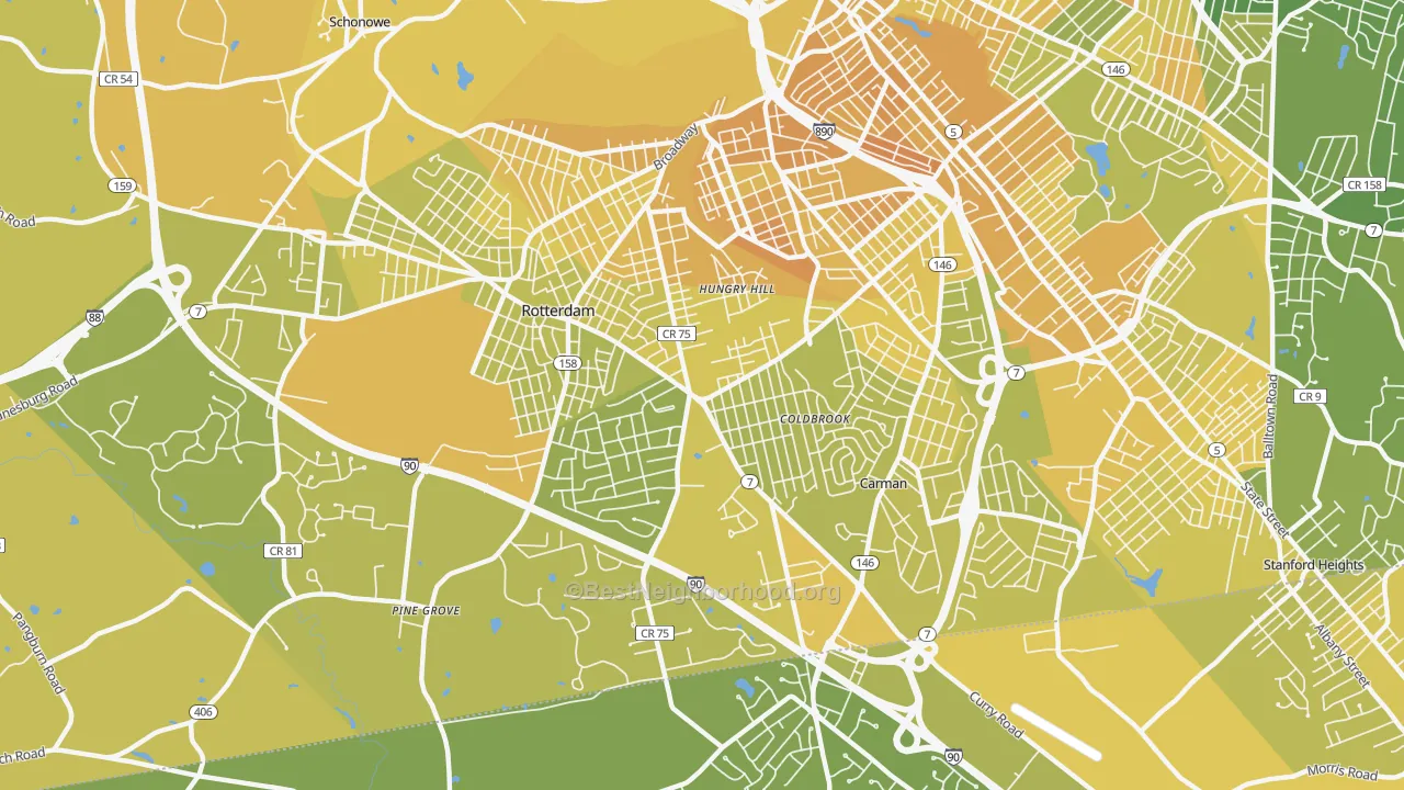 Map of the best neighborhoods in the Rotterdam area, with better matches in green and worse matches in red