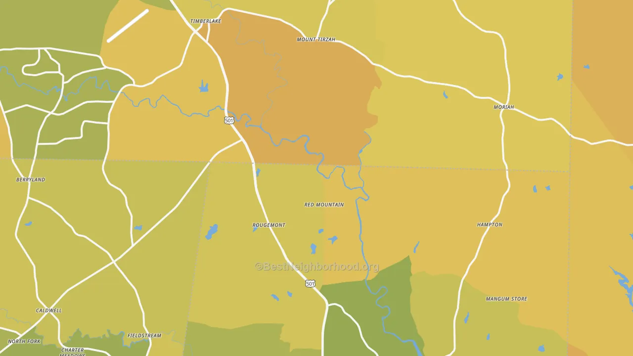 Map of the best neighborhoods in the Rougemont area, with better matches in green and worse matches in red