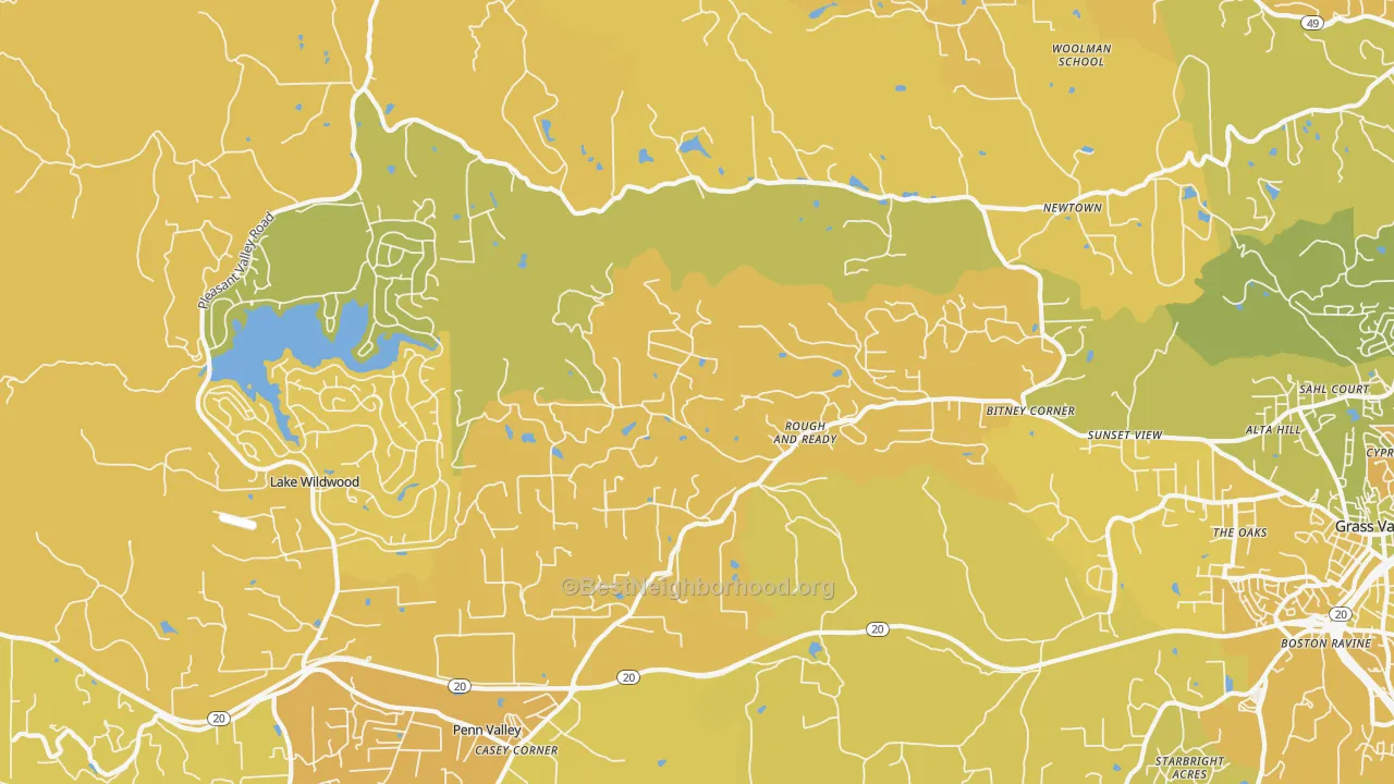Map of the best neighborhoods in the Rough And Ready area, with better matches in green and worse matches in red