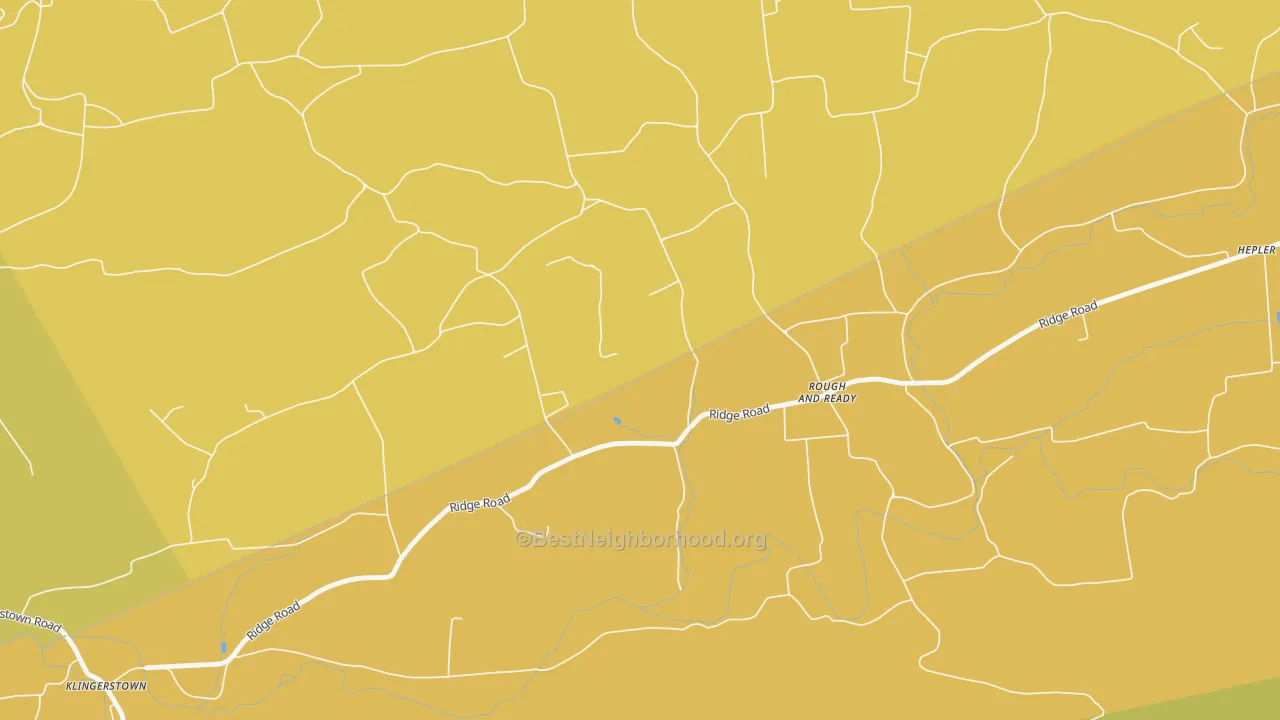Map of the best neighborhoods in the Rough And Ready area, with better matches in green and worse matches in red