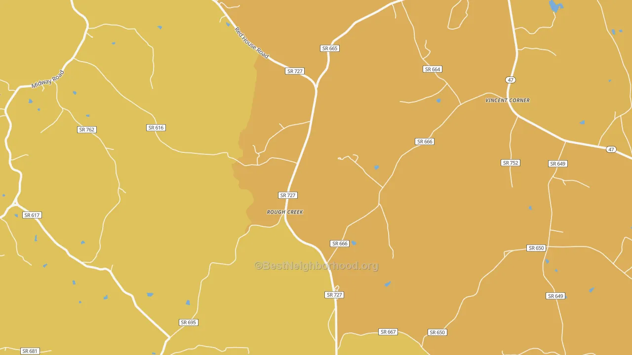 Map of the best neighborhoods in the Rough Creek area, with better matches in green and worse matches in red