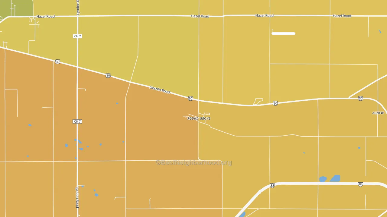 Map of the best neighborhoods in the Round Grove area, with better matches in green and worse matches in red