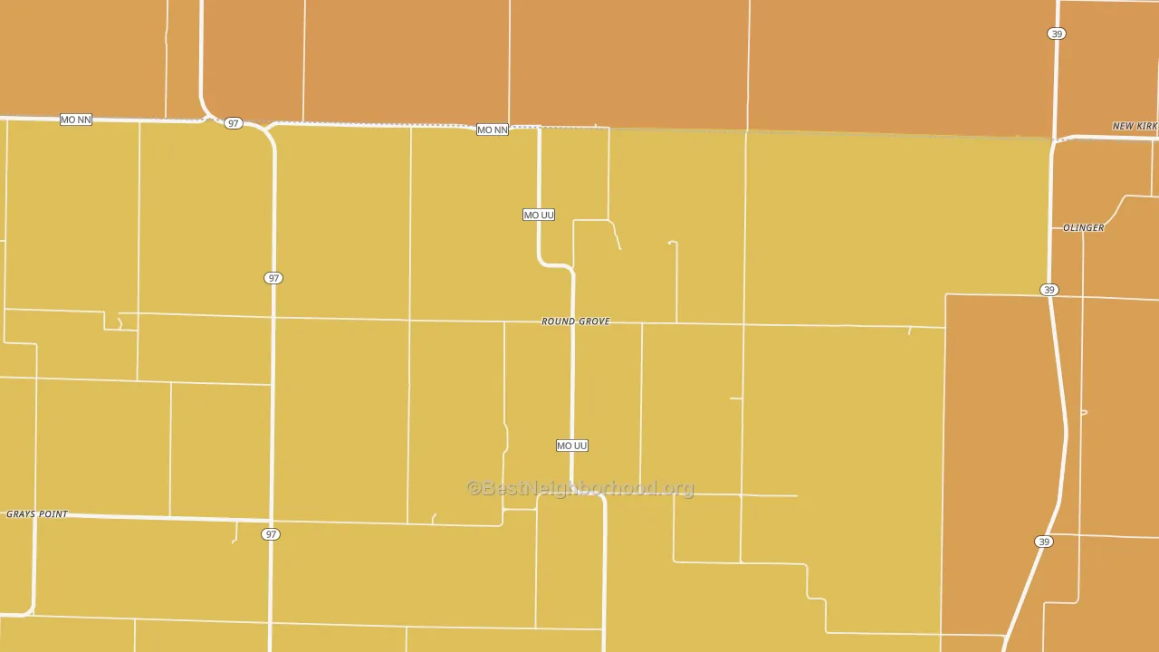 Map of the best neighborhoods in the Round Grove area, with better matches in green and worse matches in red