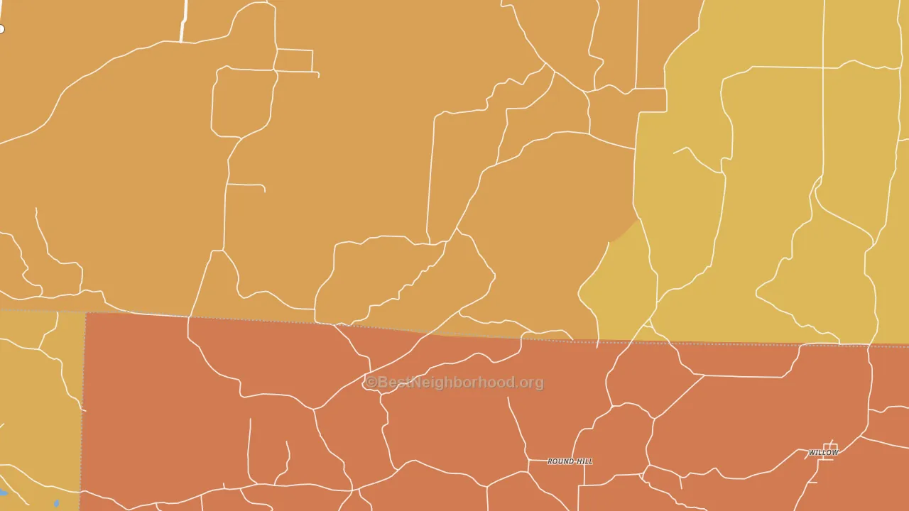 Map of the best neighborhoods in the Round Hill area, with better matches in green and worse matches in red