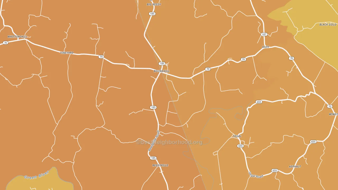Map of the best neighborhoods in the Round Hill area, with better matches in green and worse matches in red