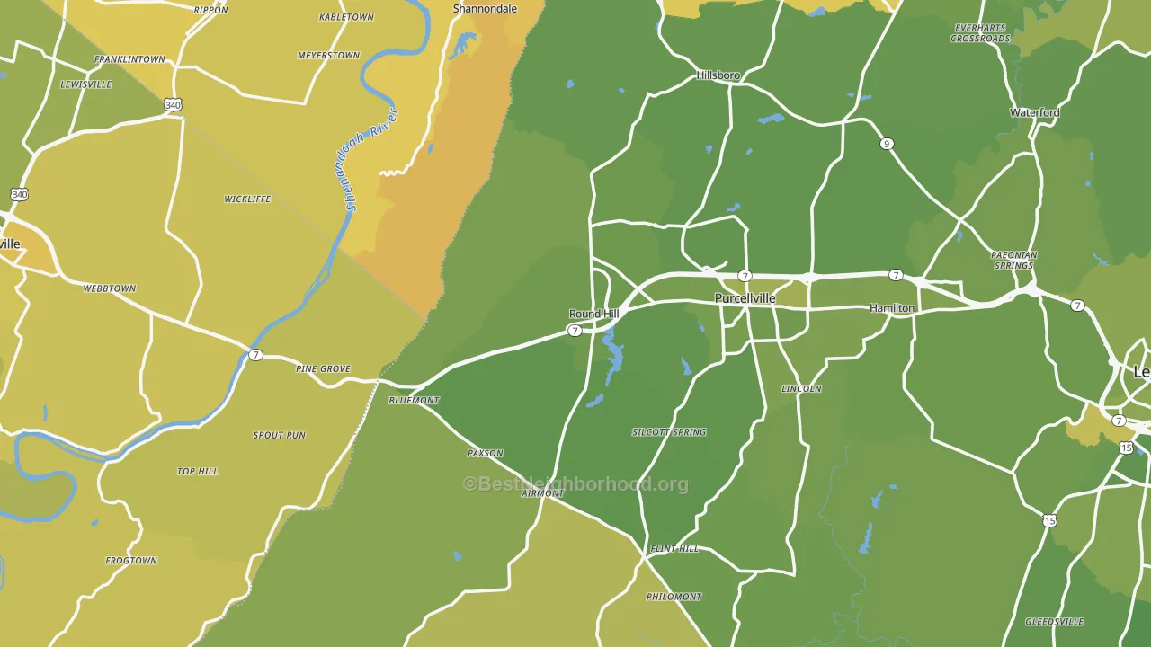 Map of the best neighborhoods in the Round Hill area, with better matches in green and worse matches in red