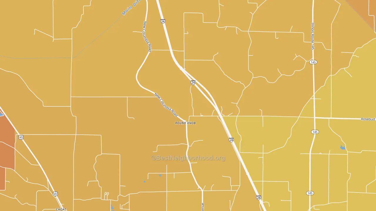 Map of the best neighborhoods in the Round Knob area, with better matches in green and worse matches in red