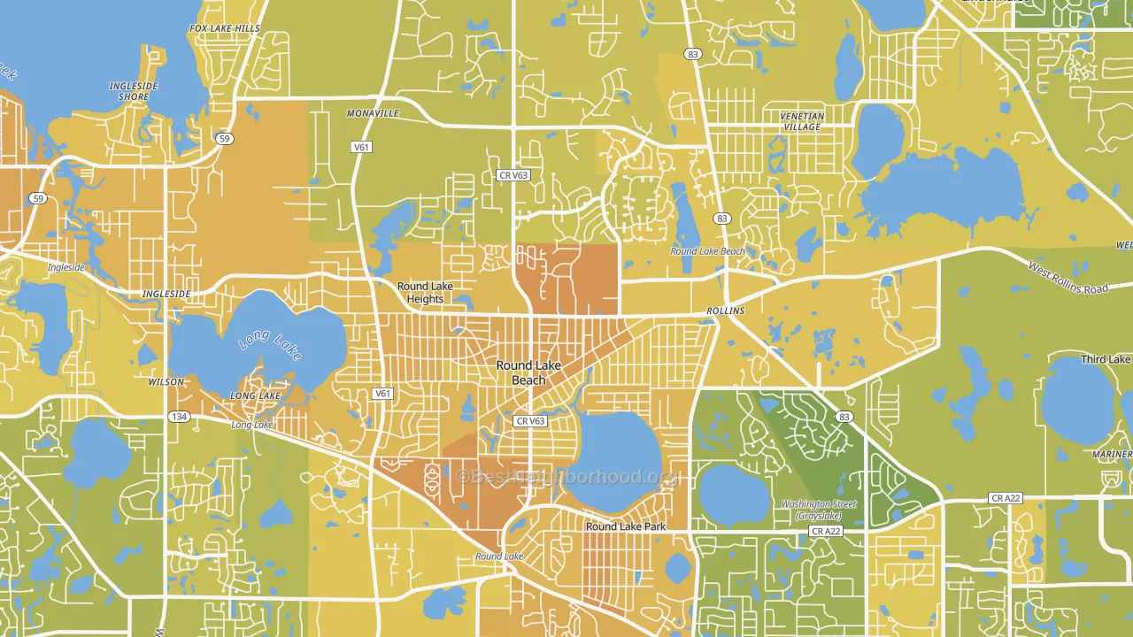 Map of the best neighborhoods in the Round Lake Beach area, with better matches in green and worse matches in red