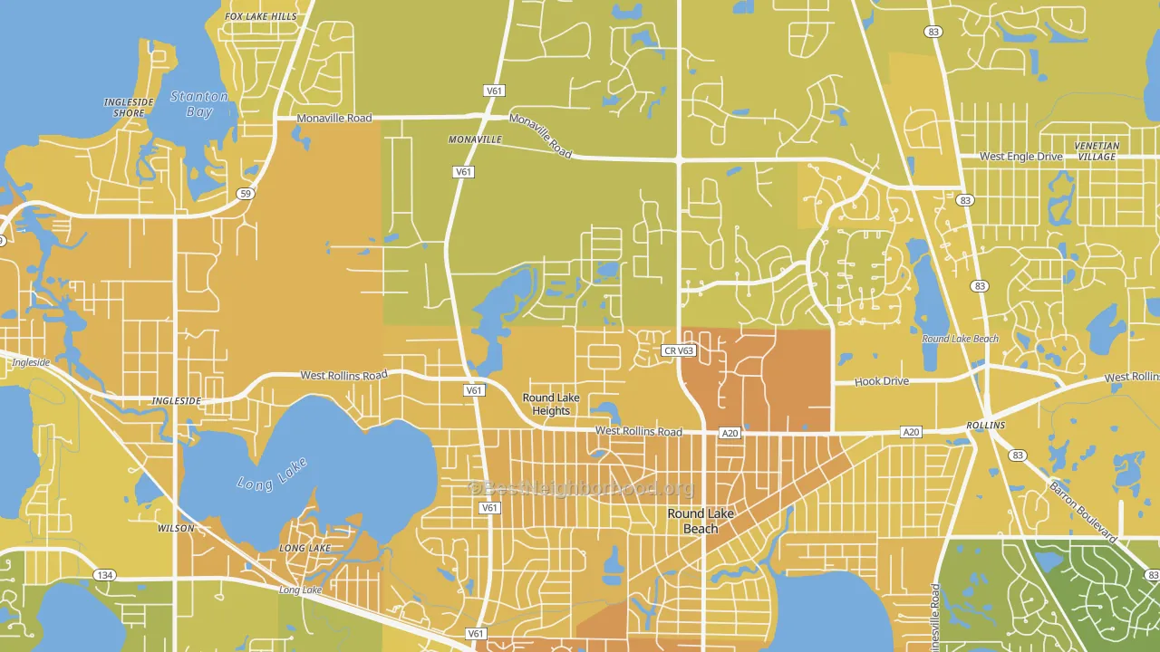 Map of the best neighborhoods in the Round Lake Heights area, with better matches in green and worse matches in red