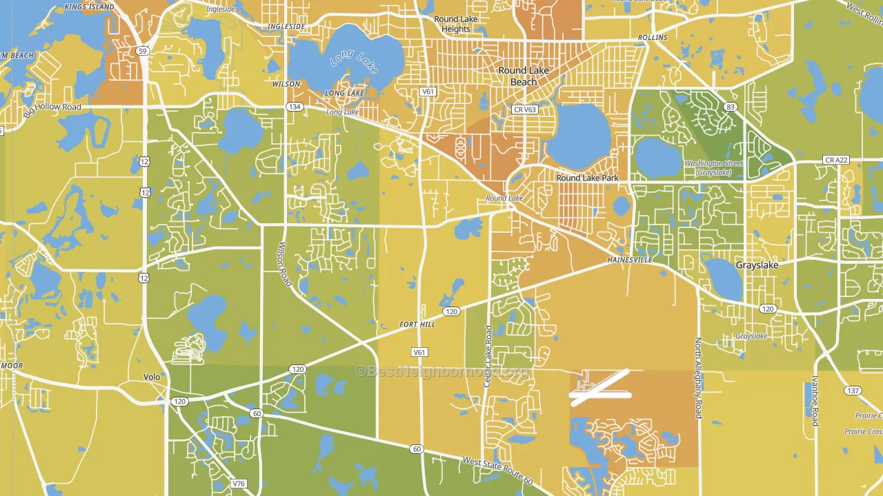 Map of the best neighborhoods in the Round Lake area, with better matches in green and worse matches in red