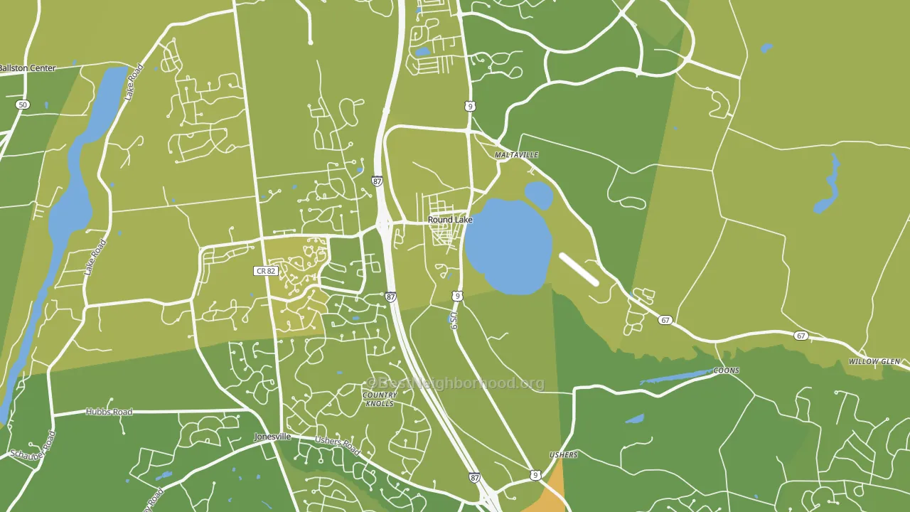 Map of the best neighborhoods in the Round Lake area, with better matches in green and worse matches in red