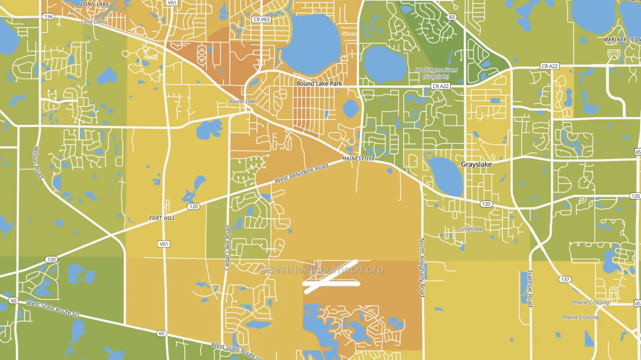 Map of the best neighborhoods in the Round Lake Park area, with better matches in green and worse matches in red