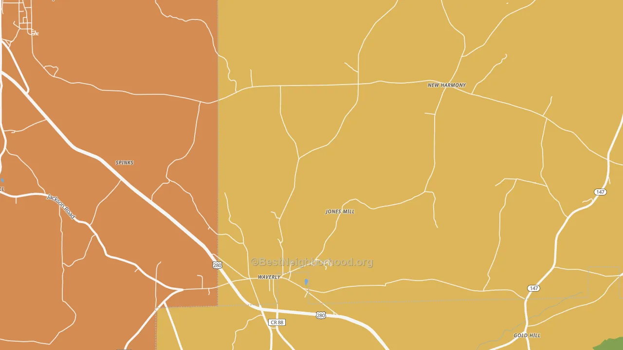Map of the best neighborhoods in the Round Mountain area, with better matches in green and worse matches in red