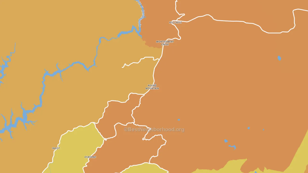 Map of the best neighborhoods in the Round Mountain area, with better matches in green and worse matches in red