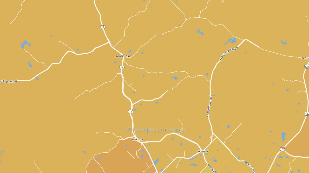 Map of the best neighborhoods in the Round Oak area, with better matches in green and worse matches in red